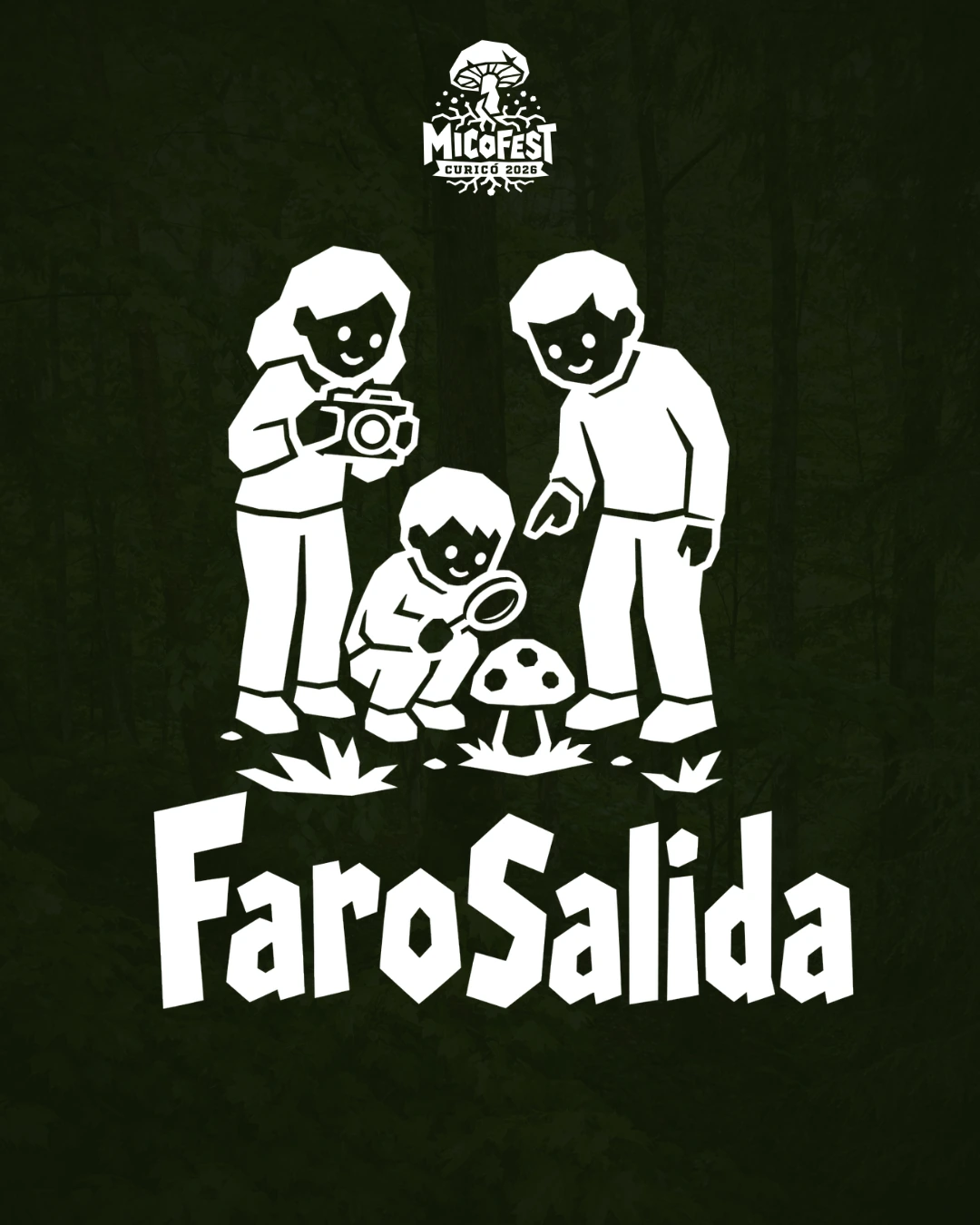 Afiche de FaroSalida: una familia observando un hongo con lupa y cámara en el bosque.