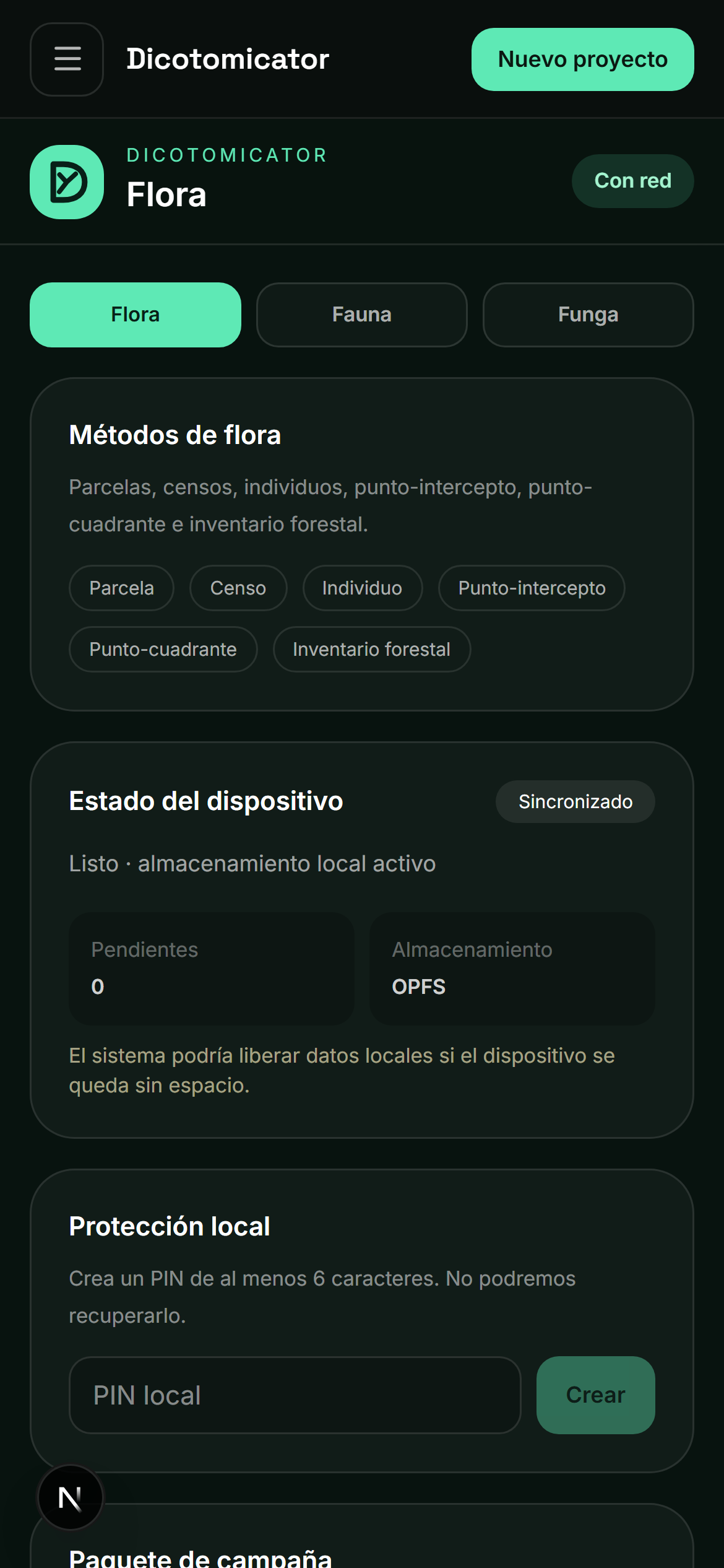 Pantalla real de Dicotomicator preparando y verificando el paquete de campaña antes de trabajar sin conexión.