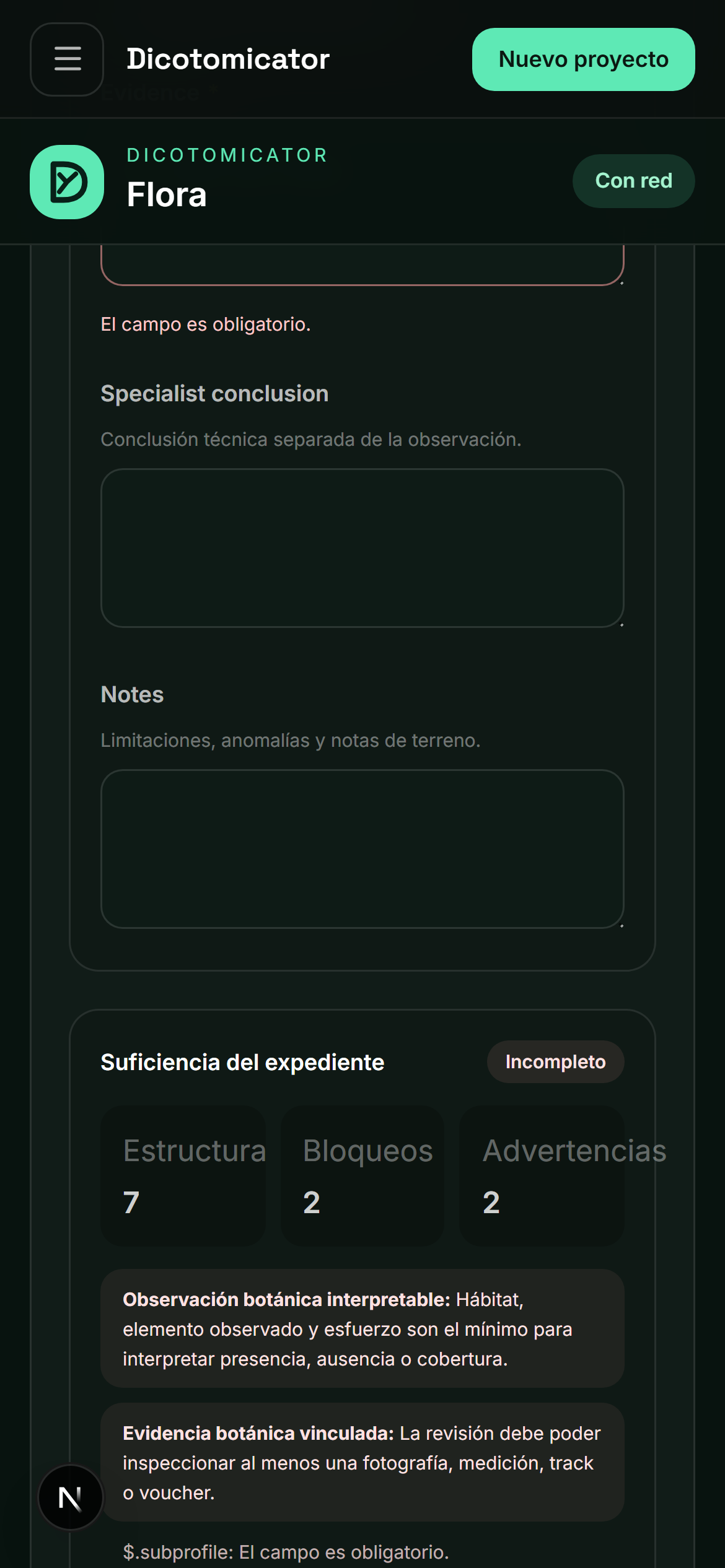 Pantalla real de la aplicación de campo de Dicotomicator con suficiencia, GPS, evidencia y guardado en cola.