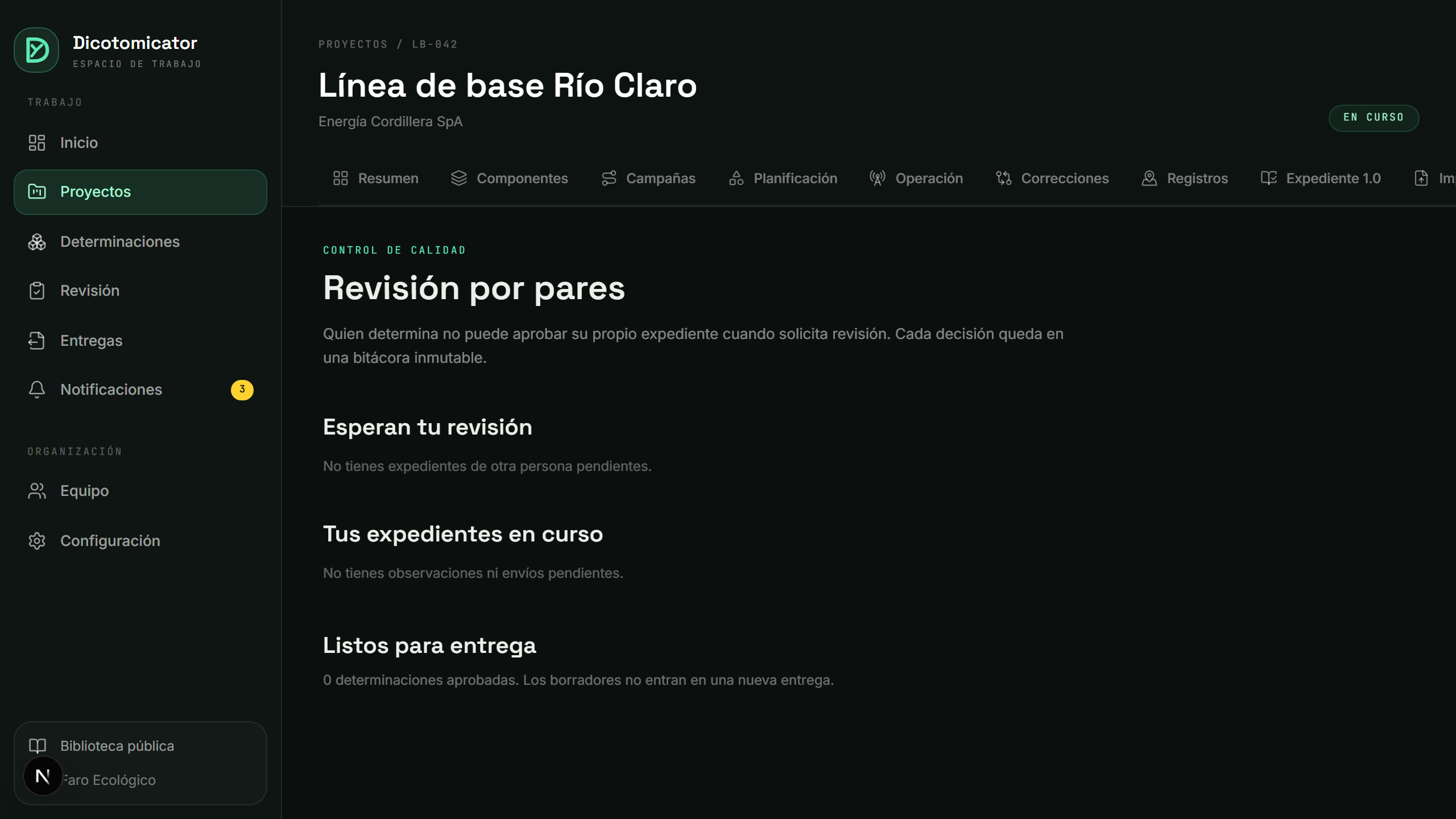 Pantalla real de revisión por pares de Dicotomicator con expedientes en curso y listos para entrega.